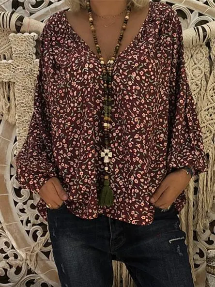Women Loose Slim V-neck Print Puff Sleeve Long Sleeve T-shirt Tops