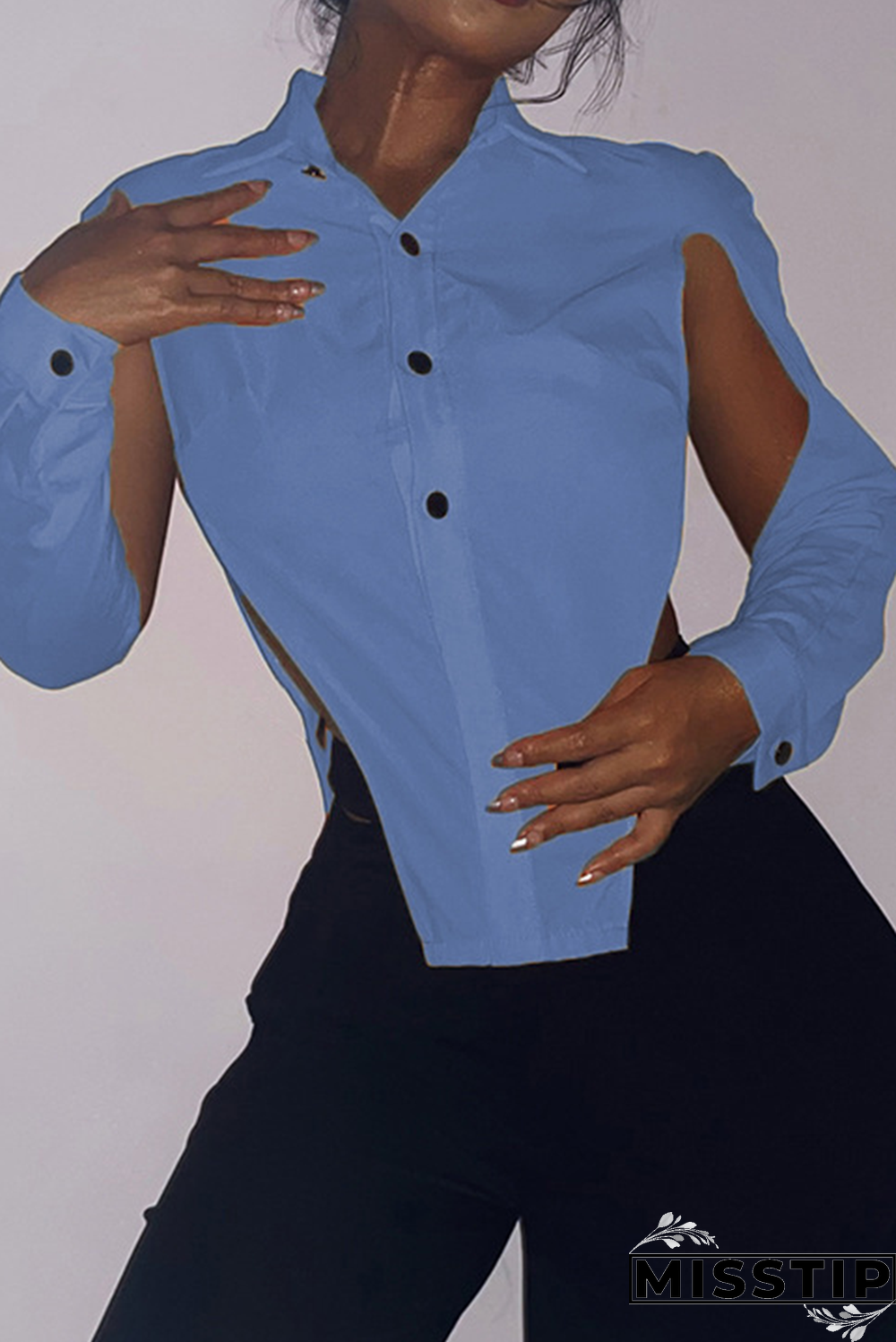 Grey Sexy Solid Hollowed Out Turndown Collar Tops