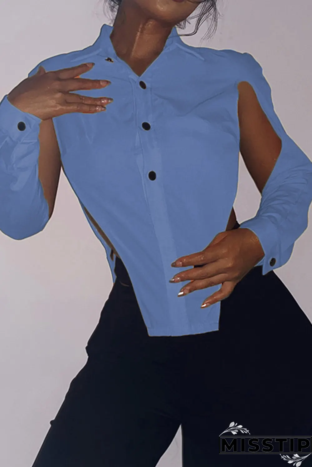 Grey Sexy Solid Hollowed Out Turndown Collar Tops