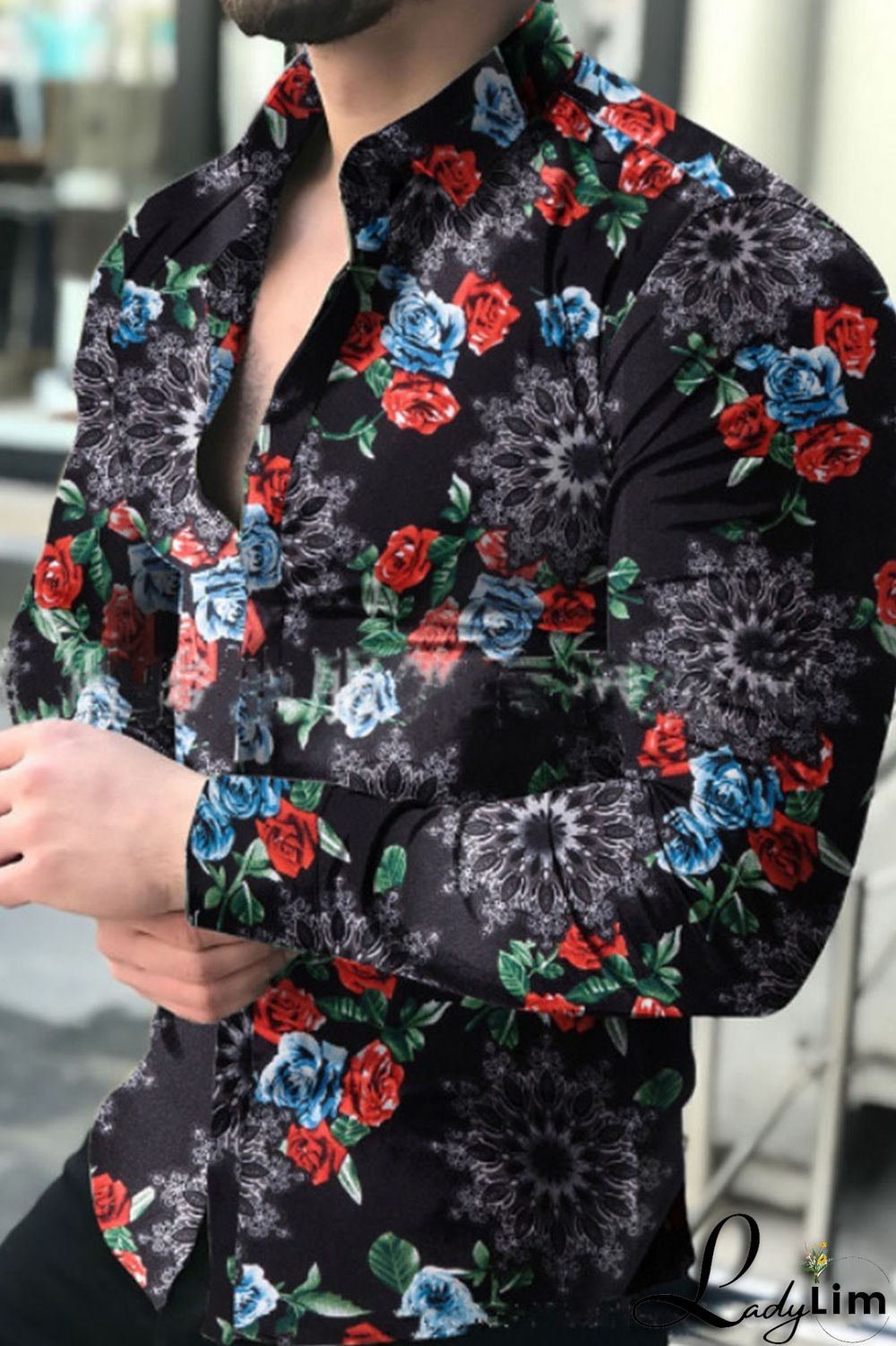 White Fashion Print Split Joint Buckle Turndown Collar Tops