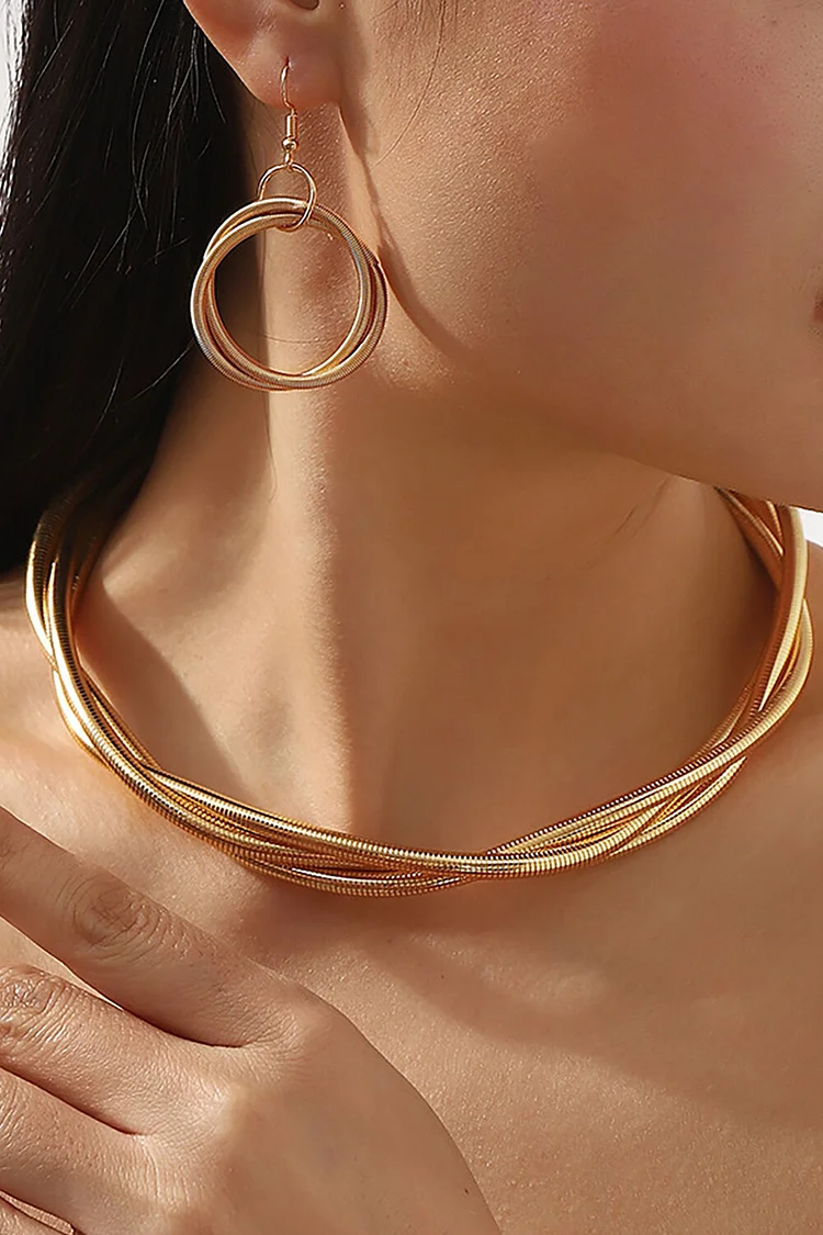 Layered Twined Alloy Necklace O-Ring Dangle Earrings Set