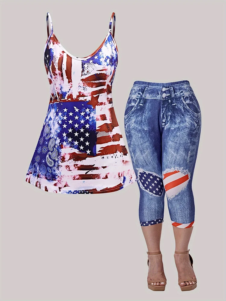 Casual American Flag Print Two-Piece Set, Scoop Neck Sleeveless Strap Flare Top & Skinny Capri Leggings Outfits, Women's Clothing