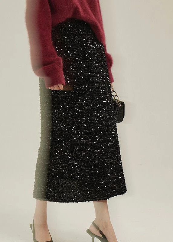 Black Patchwork Straight Velour Skirts Sequins High Waist Spring