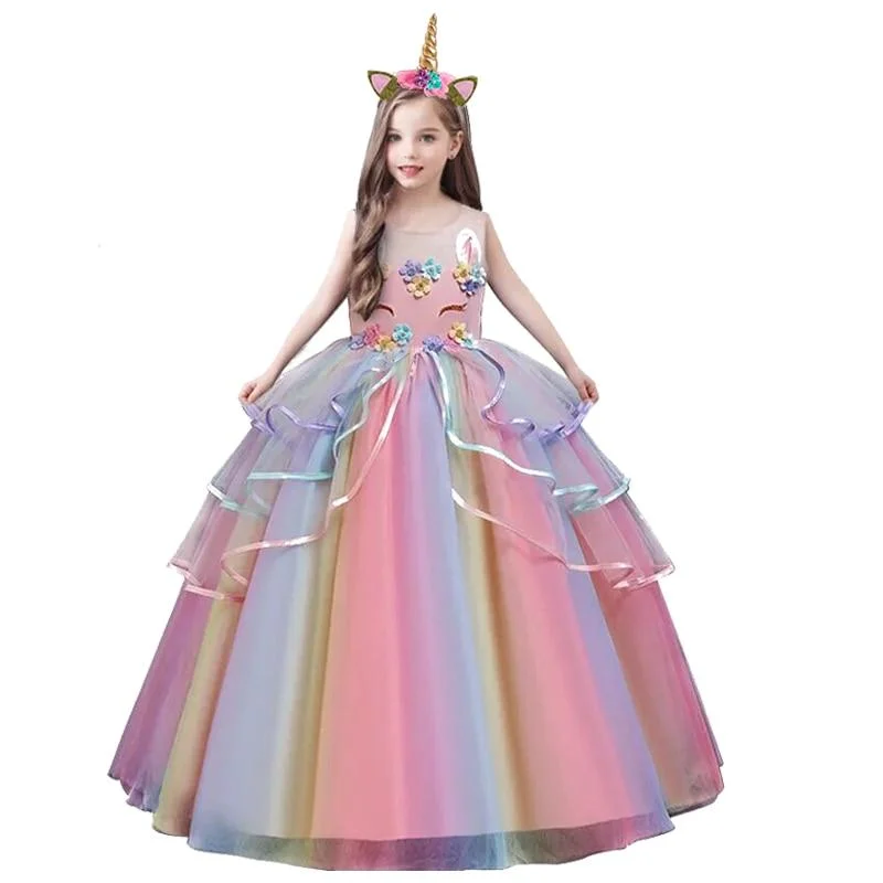 Fancy Baby Girl Rainbow Unicorn Girls Dress Party Elegant Children Kids Long Tutu Gown Princess Dresses Teen Girl 10 12 14 Years