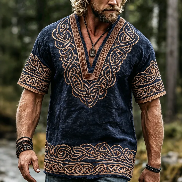 Men's Retro Viking Celtic Knot Pattern Casual V Neck Cotton And Linen Tops