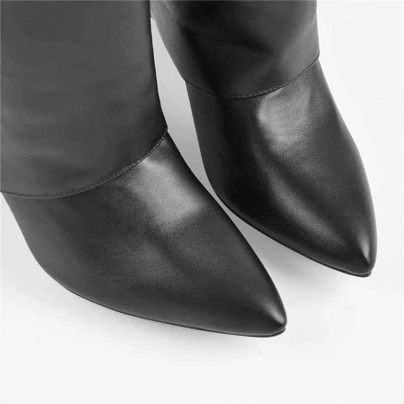 Onlymaker Woman Pointed Toe Black Red Orange High Wedge Heel Fold Over Matte Boots Winter Fashion Big Size Boots