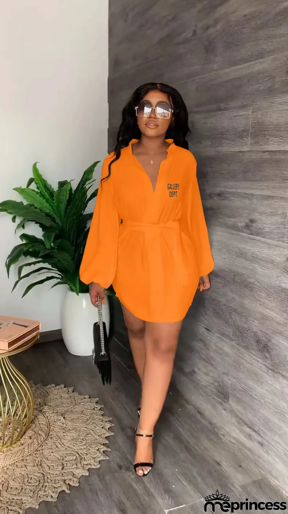 Women Printed V-Neck Casual Puff Sleeve Dress with Belt.