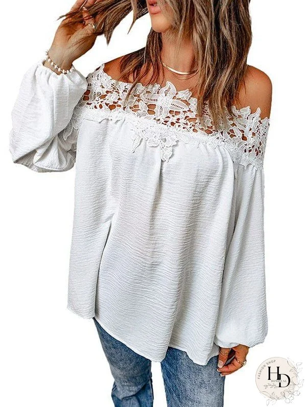 Loose Lace Stitching Chiffon Plus Size Shirt With One-Neck Design For Women