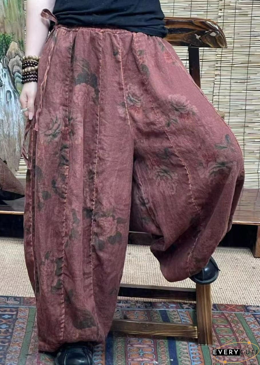 Diy Brick Red Pockets Print Patchwork Linen Lantern Pants Summer