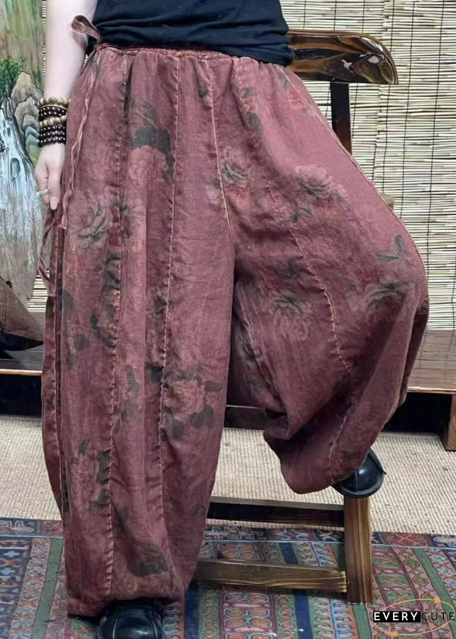 Diy Brick Red Pockets Print Patchwork Linen Lantern Pants Summer