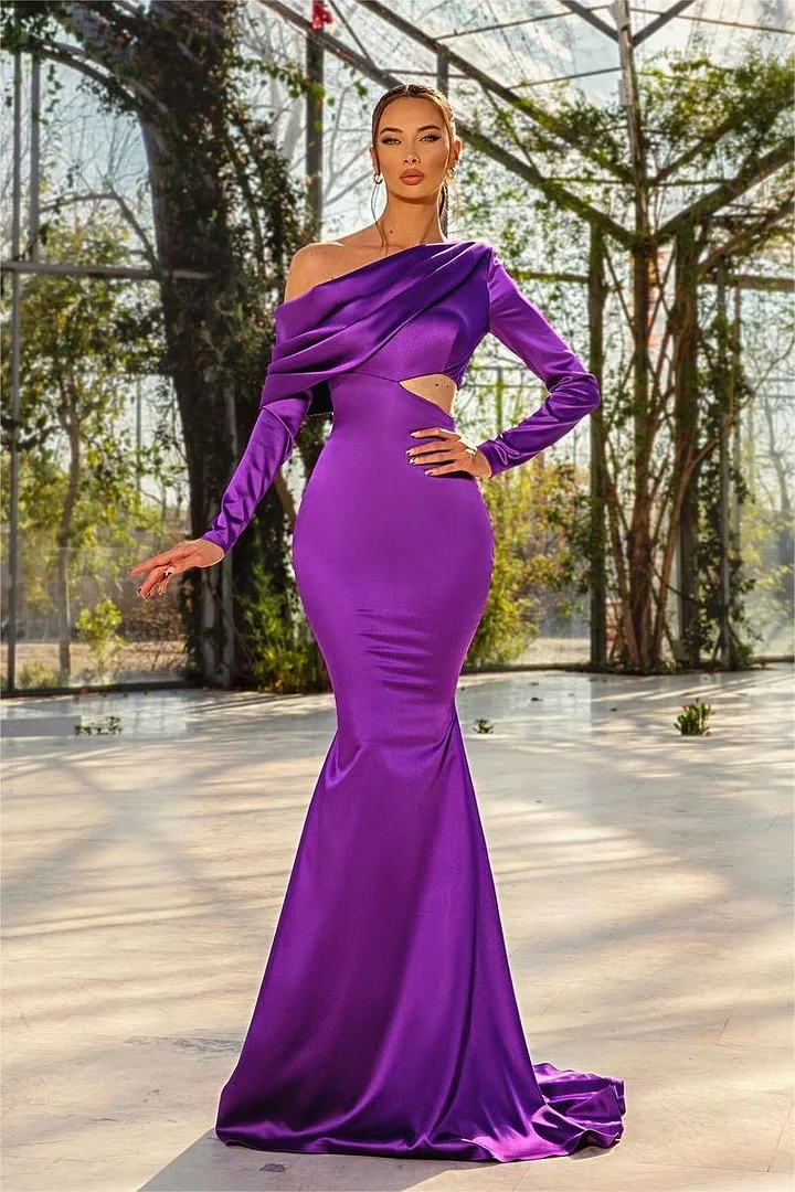 Daisda Glamorous Purple Long Sleeves Cutout Pleated Mermaid Prom Dress 