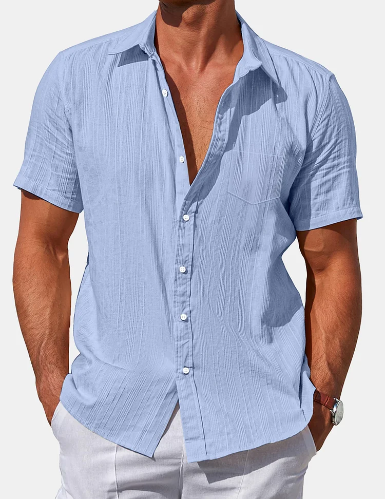 Men's Summer Comfortable And Casual Solid Color Cotton Vertical Stripe Printed Short-sleeved Shirt