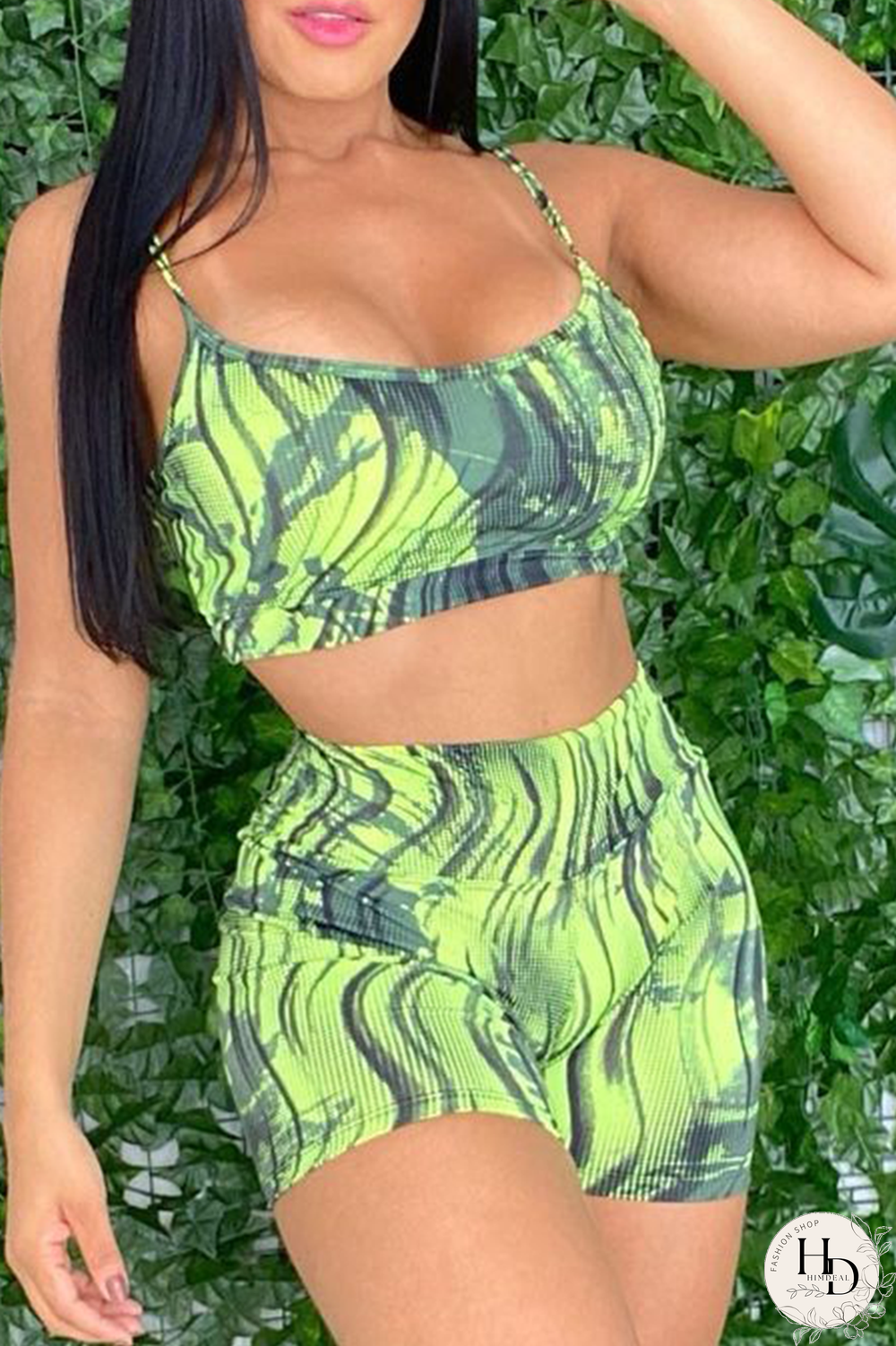 Green Sexy Print Split Joint Spaghetti Strap Sleeveless Two Pieces