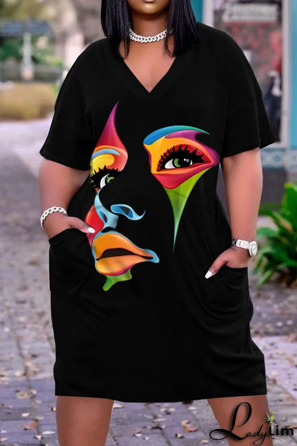 Beige Casual Street Print Patchwork V Neck Straight Dresses