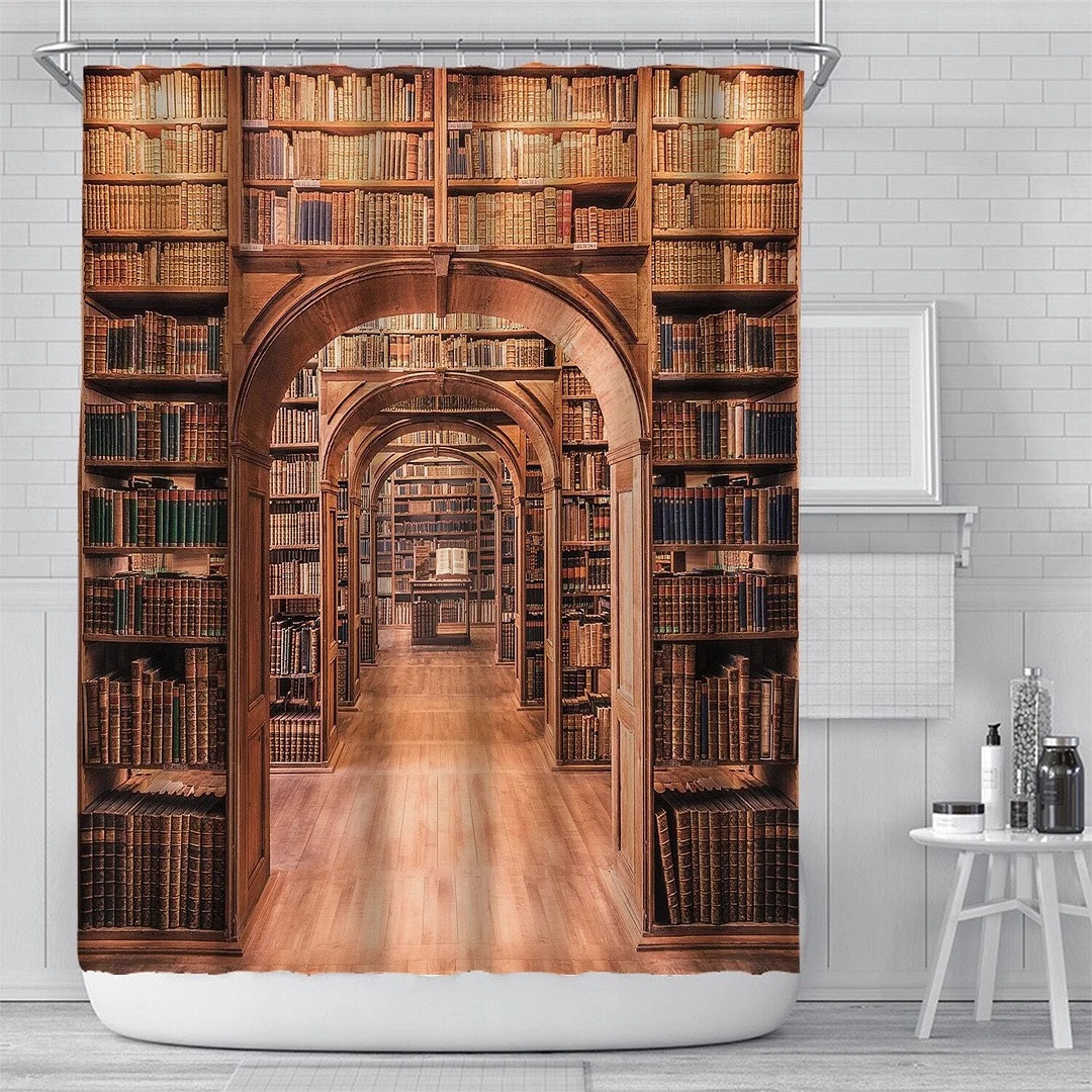 Vintage Library Books Photo Shower Curtain Magic Bookshelf Printing Bathroom Decor Curtains Set Waterproof Fabric With Hooks