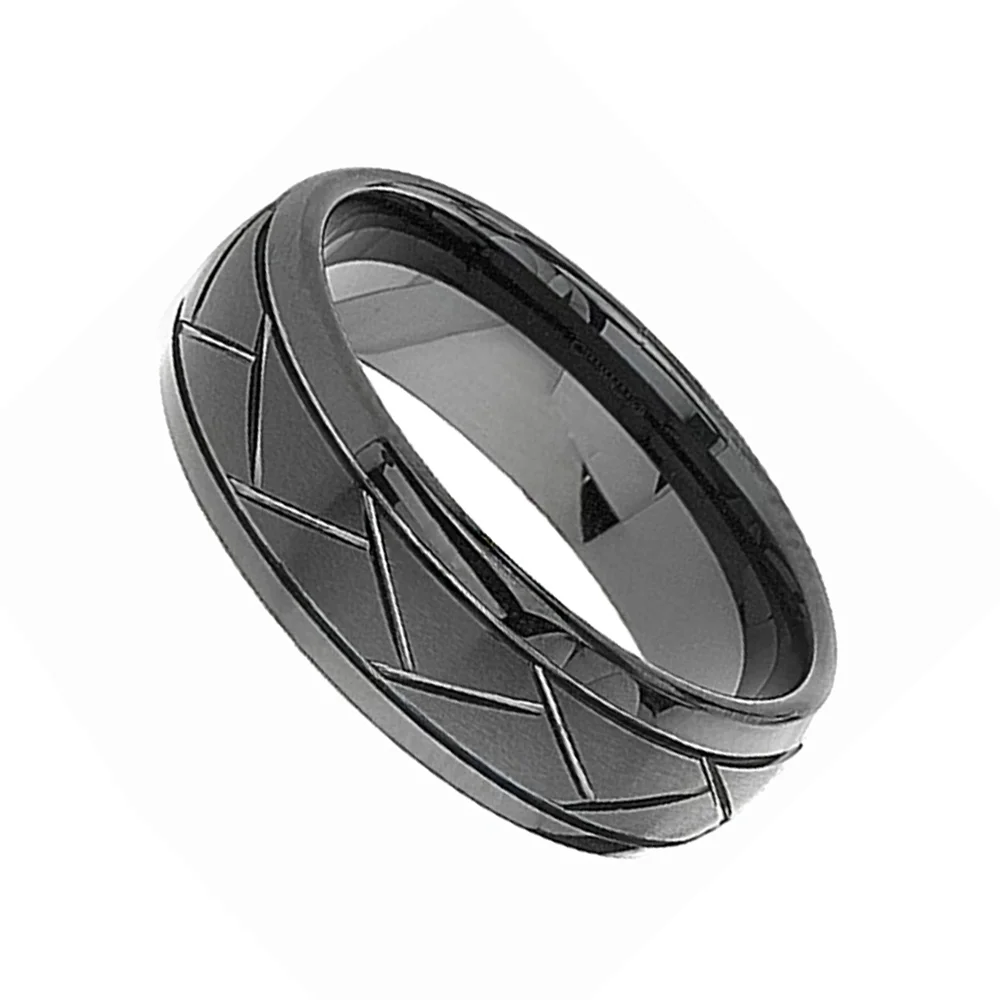 6MM 8MM Black Mens Domed Grooved Tungsten Brushed Wedding Bands