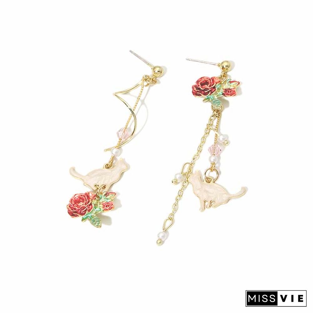 Asymmetrical Cat Blossom 925 Sterling Silver Stud Earrings Ear Clip