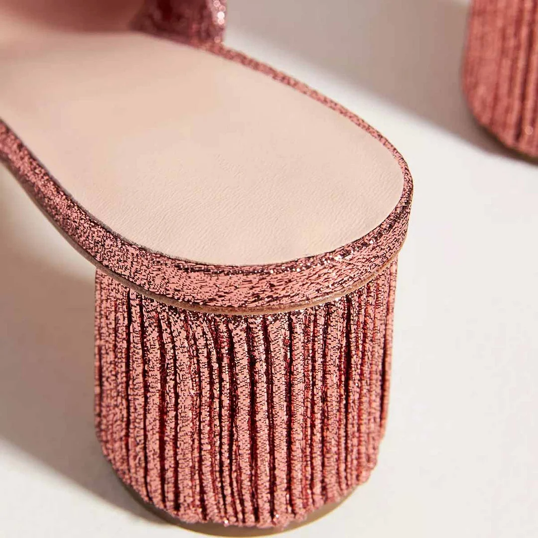 Wrinkled Slip On Mid Block Heel Pink Glitter Women Sandals with Bow