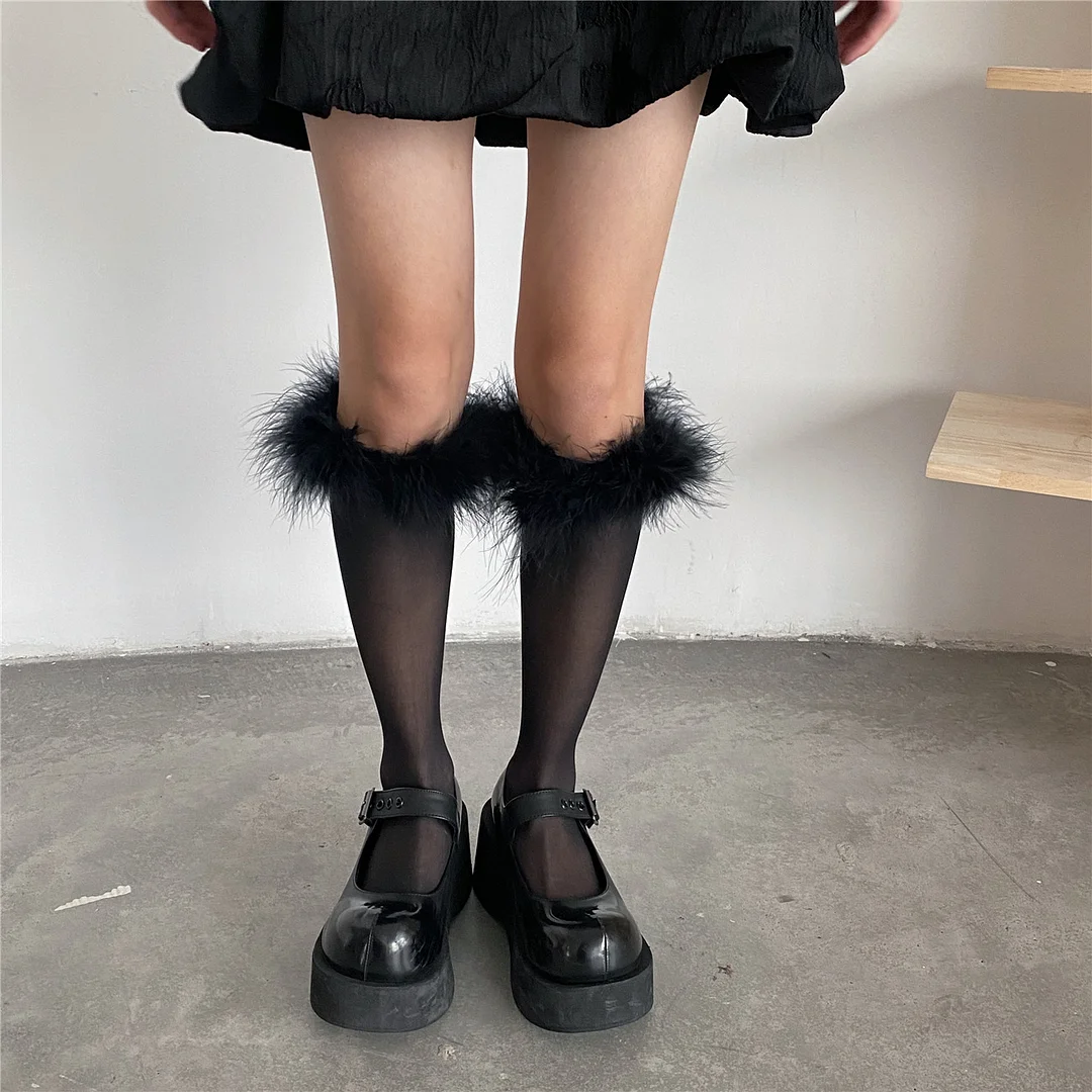Lolita Socks-Feather Decorated Knee High Socks