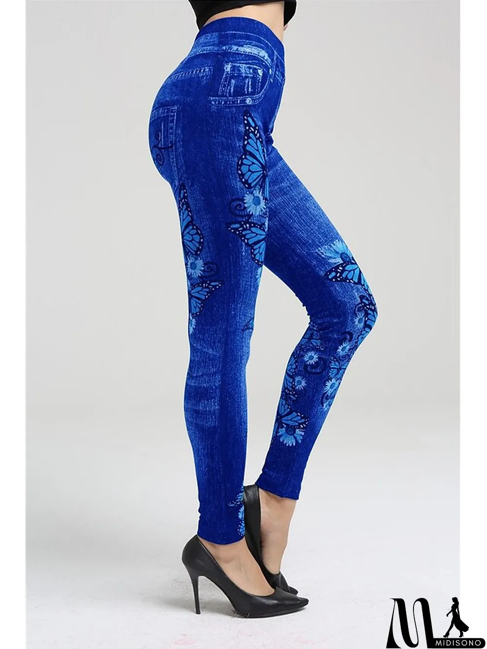 MidiSono - Women's Jeans Skinny Bell Bottom Ankle-Length Faux Denim Print High Elasticity High Waist Tights Casual \/ Sporty Casual Weekend Blue S M