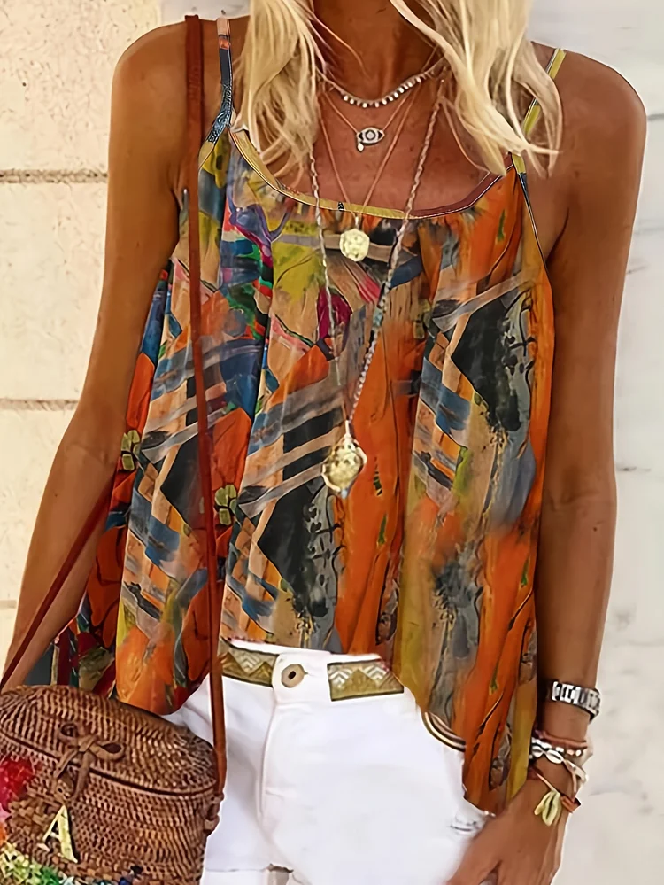 Summer New Fashionable Vacation Style Full Body Printed Casual Camisole Vest