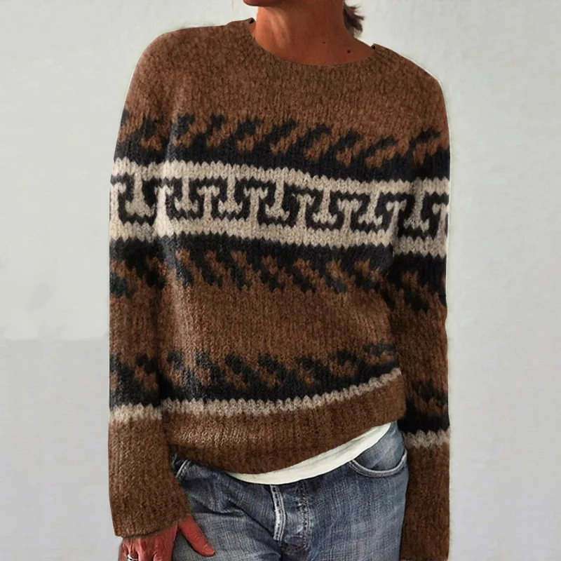 Greek Key Pattern Cozy Knit Pullover Sweater