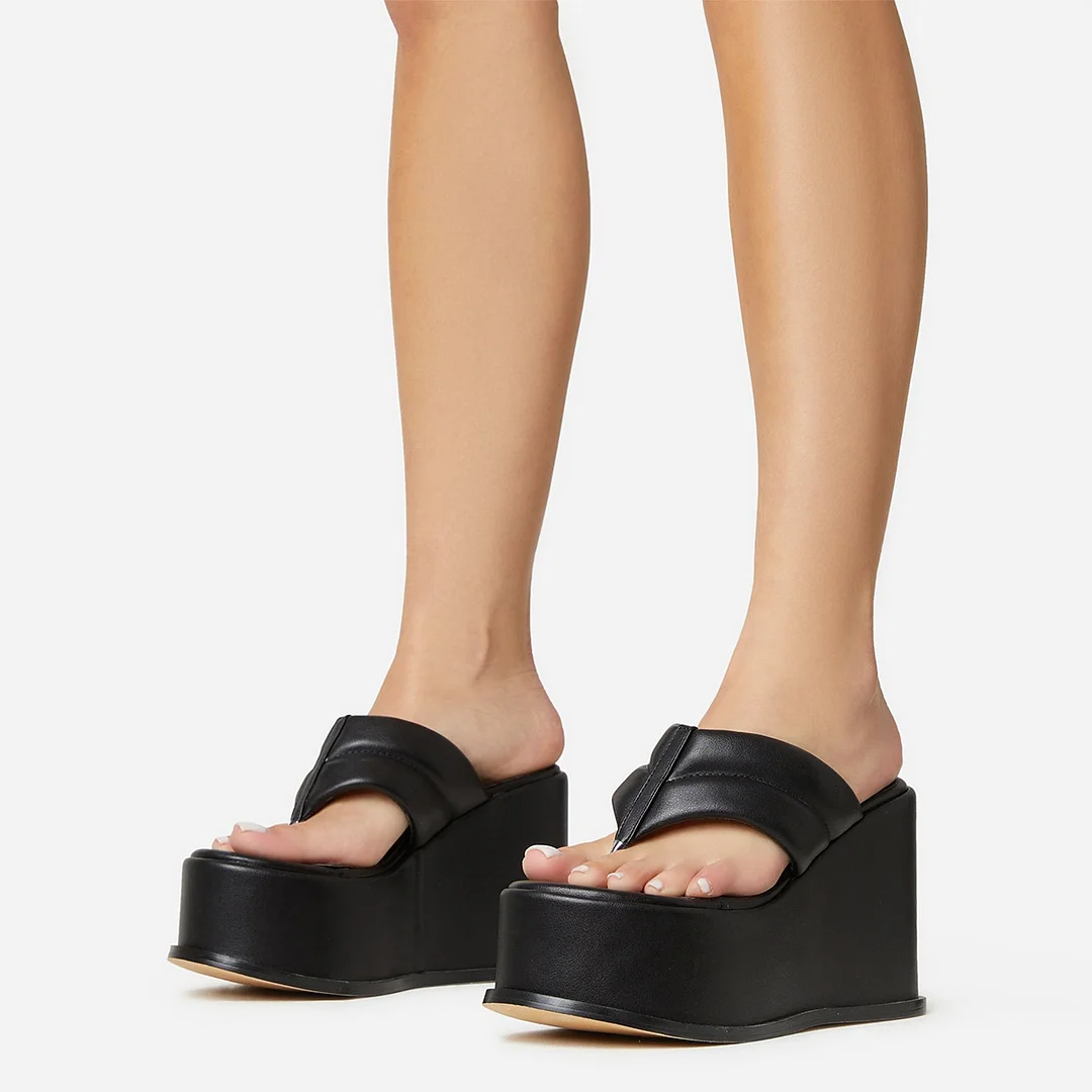 Black Round Toe Wedge High Heel Wide Strap Slip On Platform Flip Flops