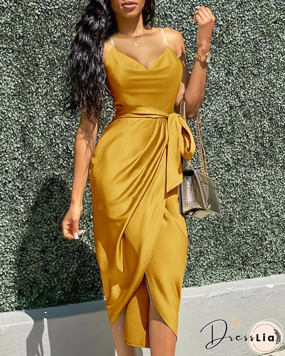Cowl Neck Slit Ruched Party Dress