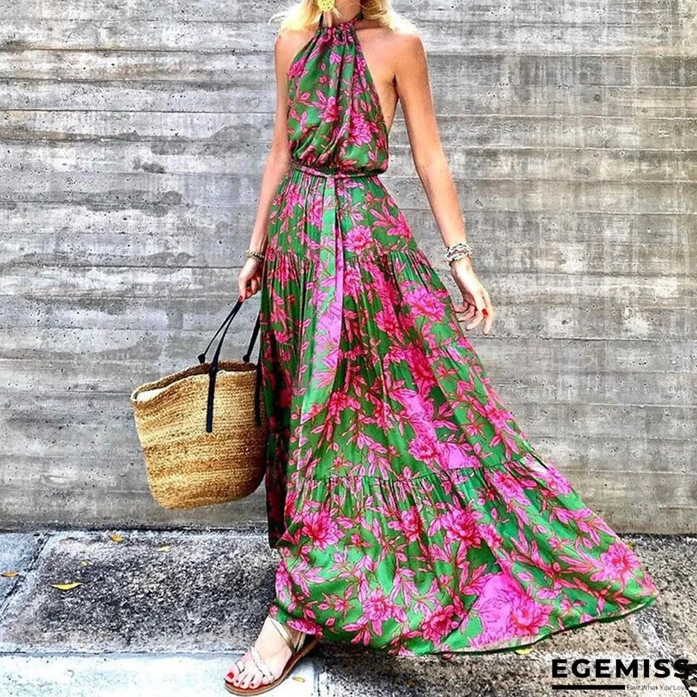 Printed Dress with Open Neck and Waist | EGEMISS