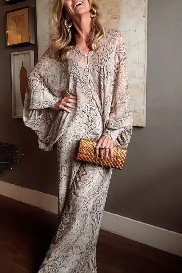 Iselle Animal Print Button Up Batwing Sleeve Shirt and Elastic Wst Wide Leg Pants Set