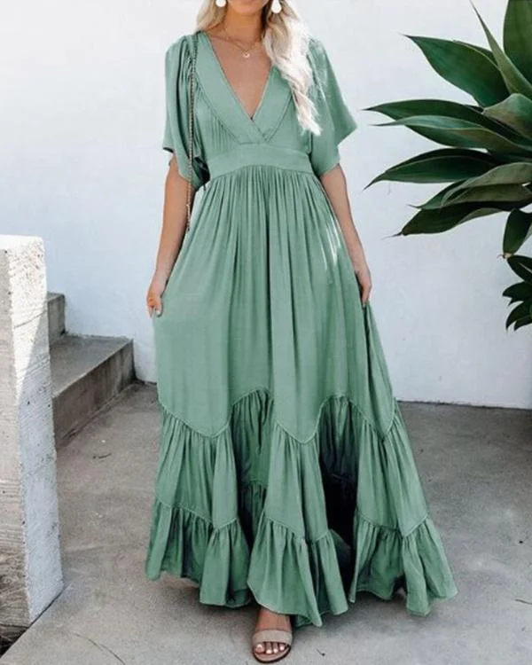 Women Vacation Casual Short Sleeve Maxi Dress