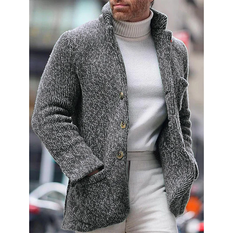 Wongn Wongn And Winter New Men's Knit Cardigan Stand Collar Long Sleeve Single Breasted Pocket Cardigan Casual Men's Jacket
