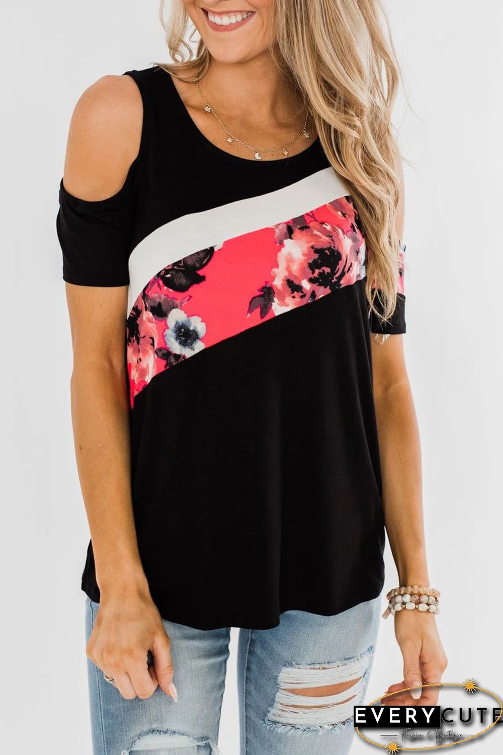 Floral Colorblock Cold Shoulder Top