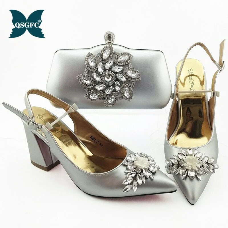 Italian Design New Arrival Nigerian Crystal and Appliques Decoration Style Women Shoes and Bag Set in Purple Color for Party