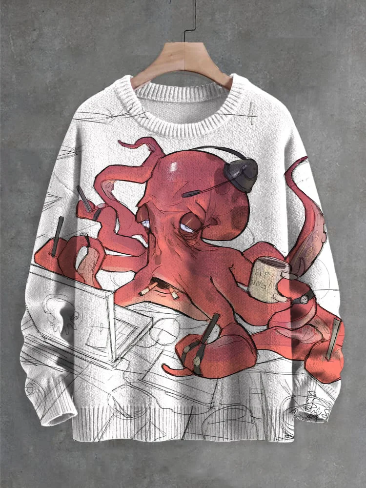 Men's Octopus Working Overtime Smoking Listening To Music Art Print Knit Sweatshirt