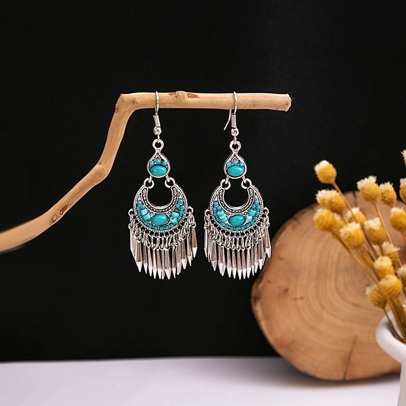 Bohemian Blue Turquoise National Style Earrings Imitation Miao Silver Metal Earrings Vintage Tassel Earrings