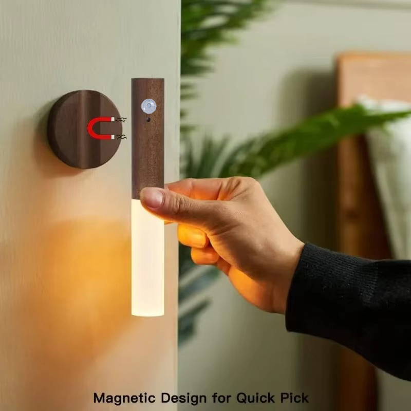 Tegooe Modern Wooden Motion Sensor Wall Sconce LED Night Light - USB Rechargeable Wireless Smart Induction Lamp for Bedside