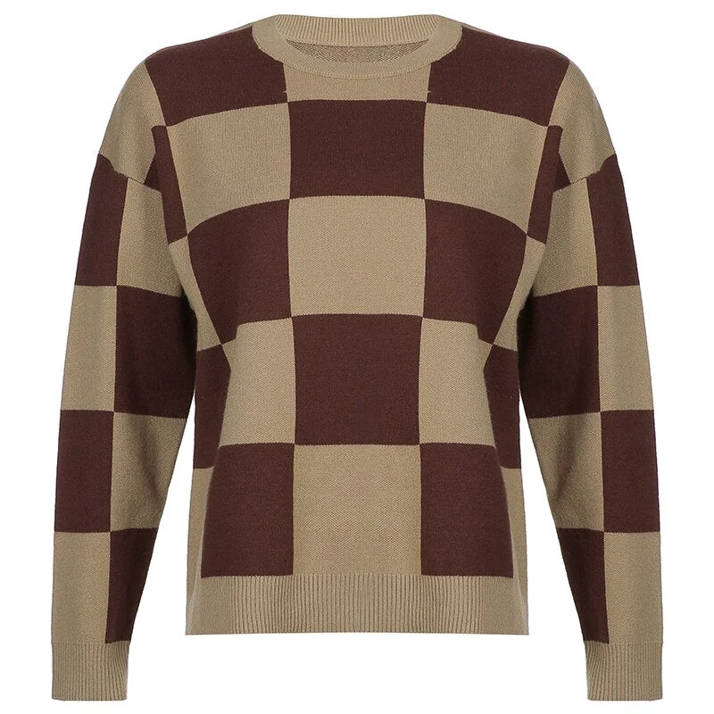 HEYounGIRL Autumn Winter Plaid Brown Knitted Sweater Women Casual Korean Fashion Pullovers Top Vintage Long Sleeve Jumpers 2021