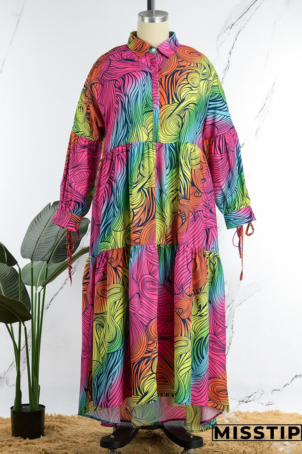 Cyan Casual Print Patchwork Buckle Fold Turndown Collar Long Dress Plus Size Dresses