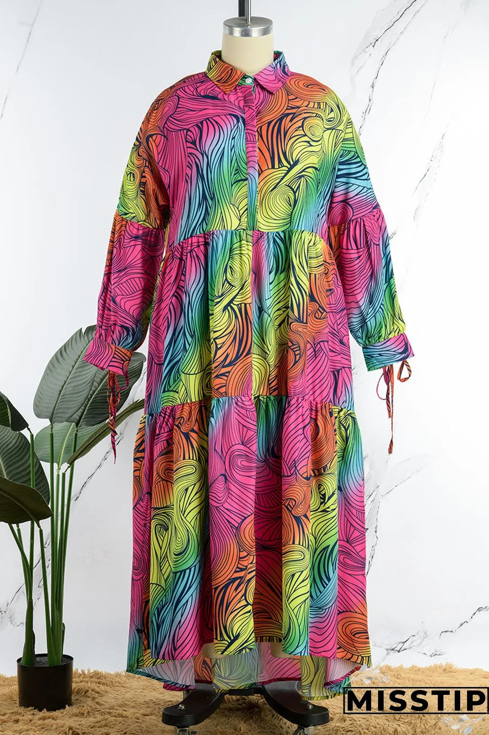 Cyan Casual Print Patchwork Buckle Fold Turndown Collar Long Dress Plus Size Dresses