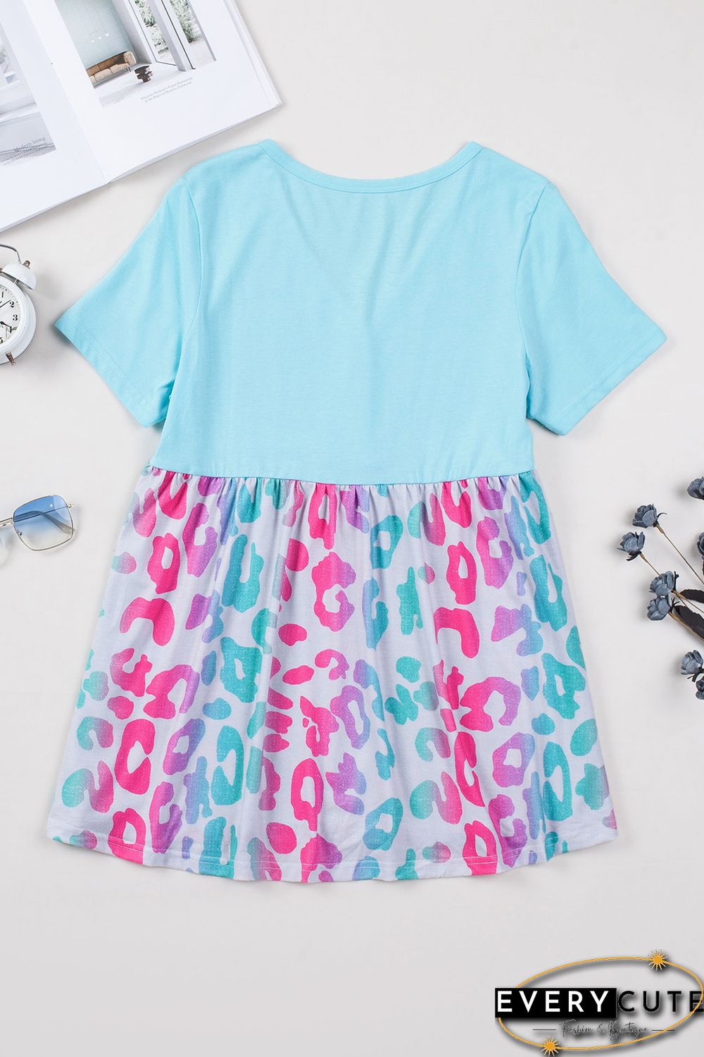 Sky Blue Leopard Color Block Buttoned V Neck T Shirt