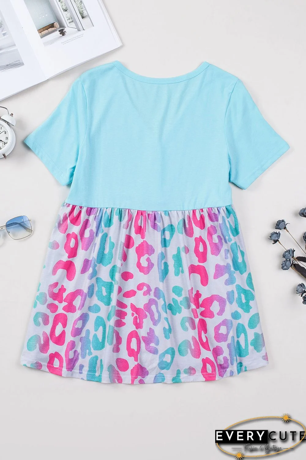 Sky Blue Leopard Color Block Buttoned V Neck T Shirt