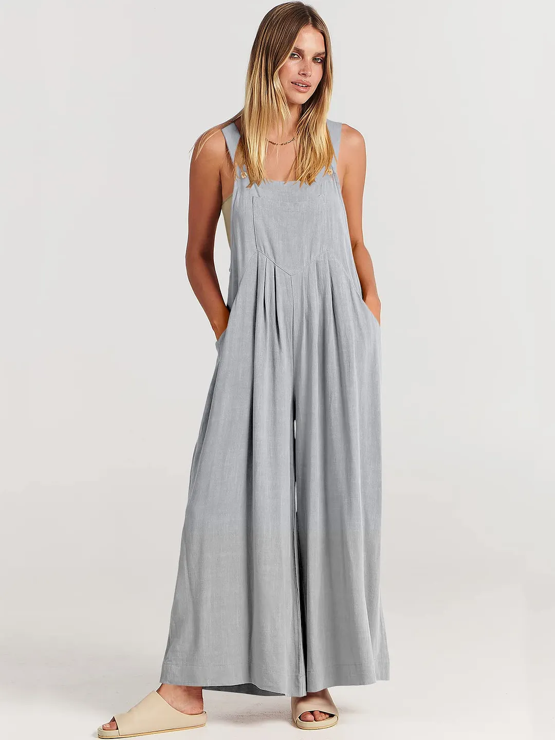 Solid Loose Wide Leg Pocket Jumpsuit