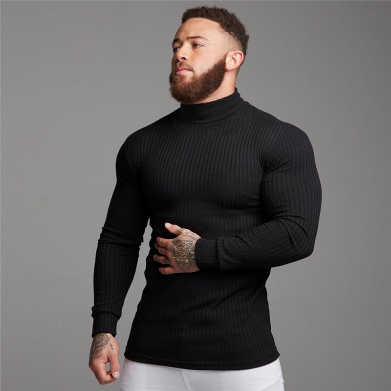 Spring Autumn Men's Casual Solid Slim Long Sleeve Thin Turtleneck T-Shirts-VESSFUL