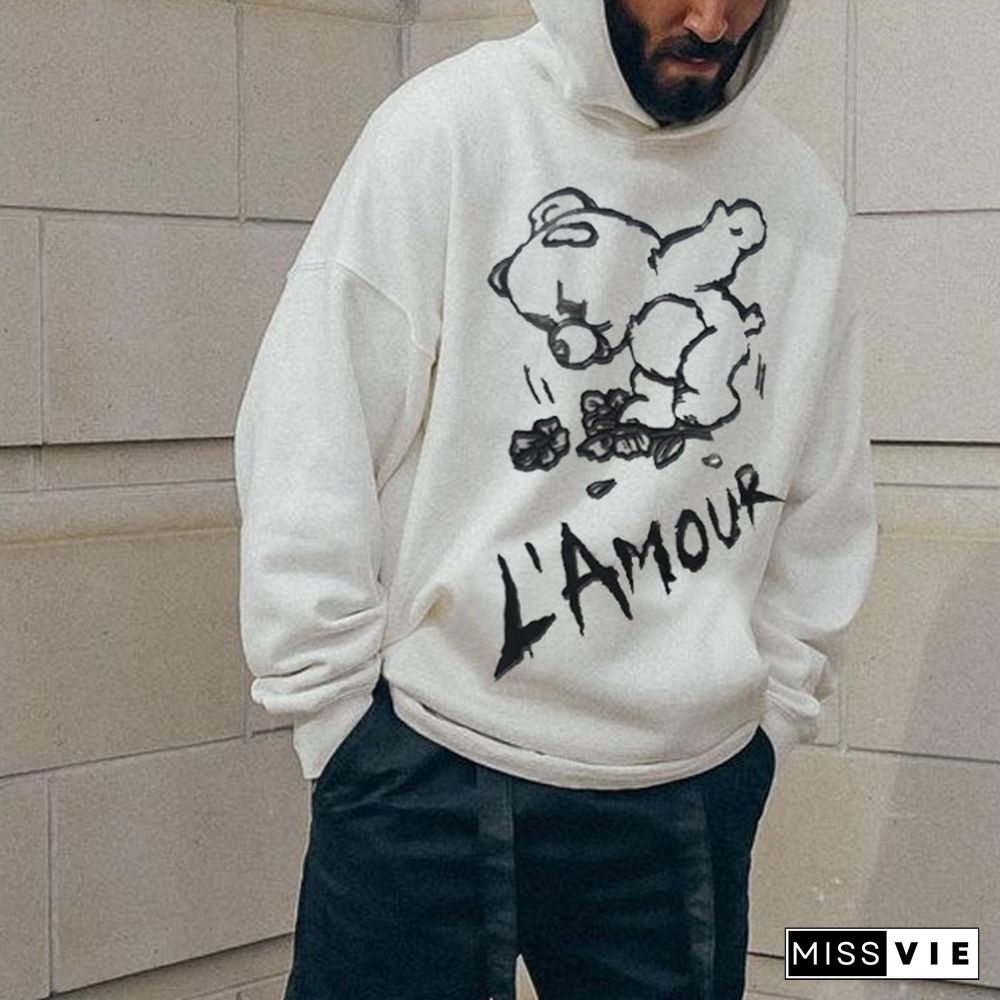 Unisex Sad Bear Print Oversized Hoodie