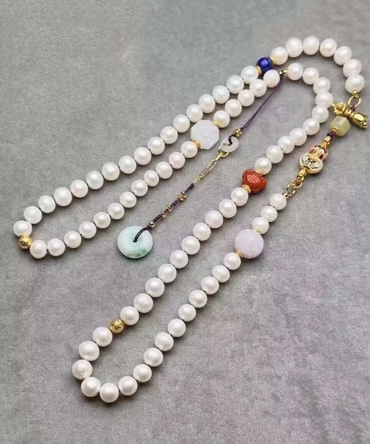 Handmade White Jade Pearl Agate Beading Tassel Sweater Lariat Necklace