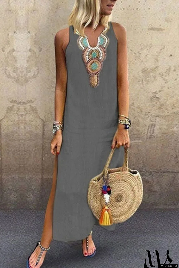 MidiSono - Sleeveless V-neck Slit Tunic Dress