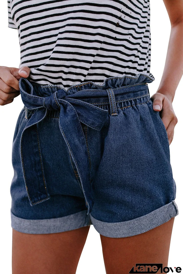 Women Medium Blue Roll Hem Paper Bag Waist Denim Shorts