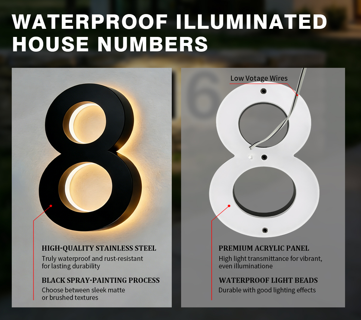 Singeee IP65 Waterproof Illuminated house number and Material details