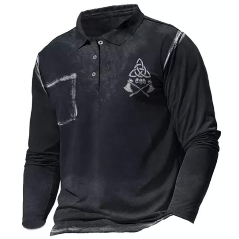 Men's Causal Long Sleeve Printed Polo Shirt 
